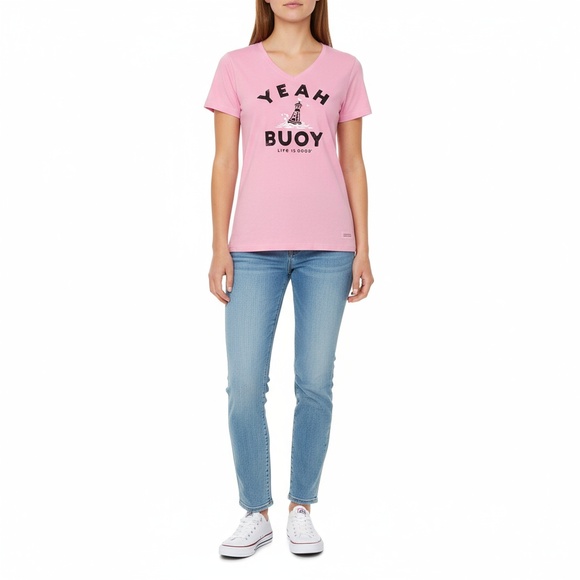 Life Is Good Women's S Short Sleeve V-Neck Tee Pink Yeah Buoy Nautical Casual - Picture 1 of 8